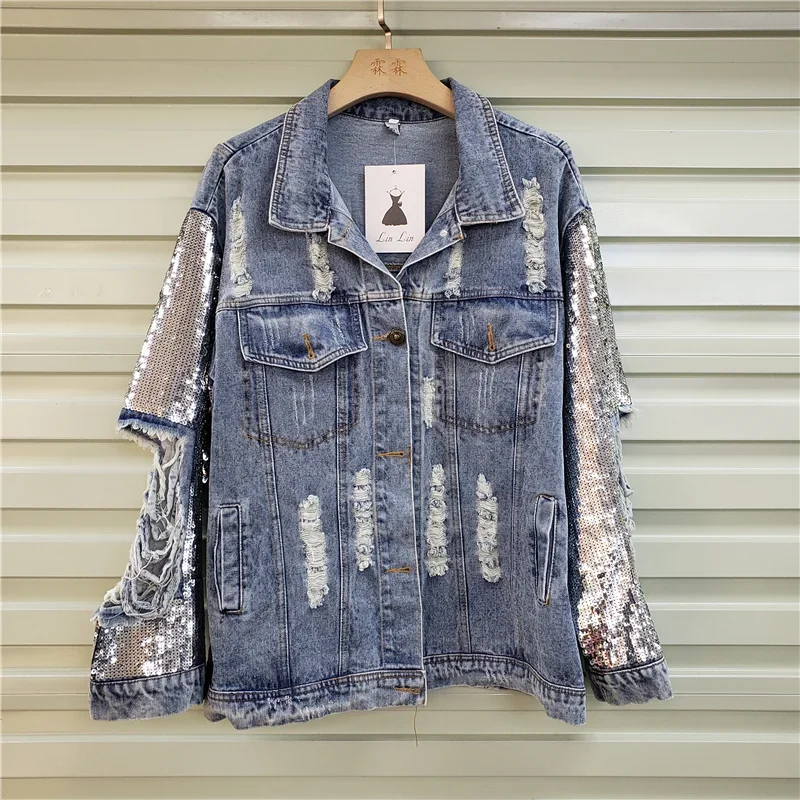 

Heavy Work Sequins Blue Denim Jacket Frayed Hole Long Sleeve Loose Casual 2025 Spring Women Lapel Single-breasted Cowboy Outwear