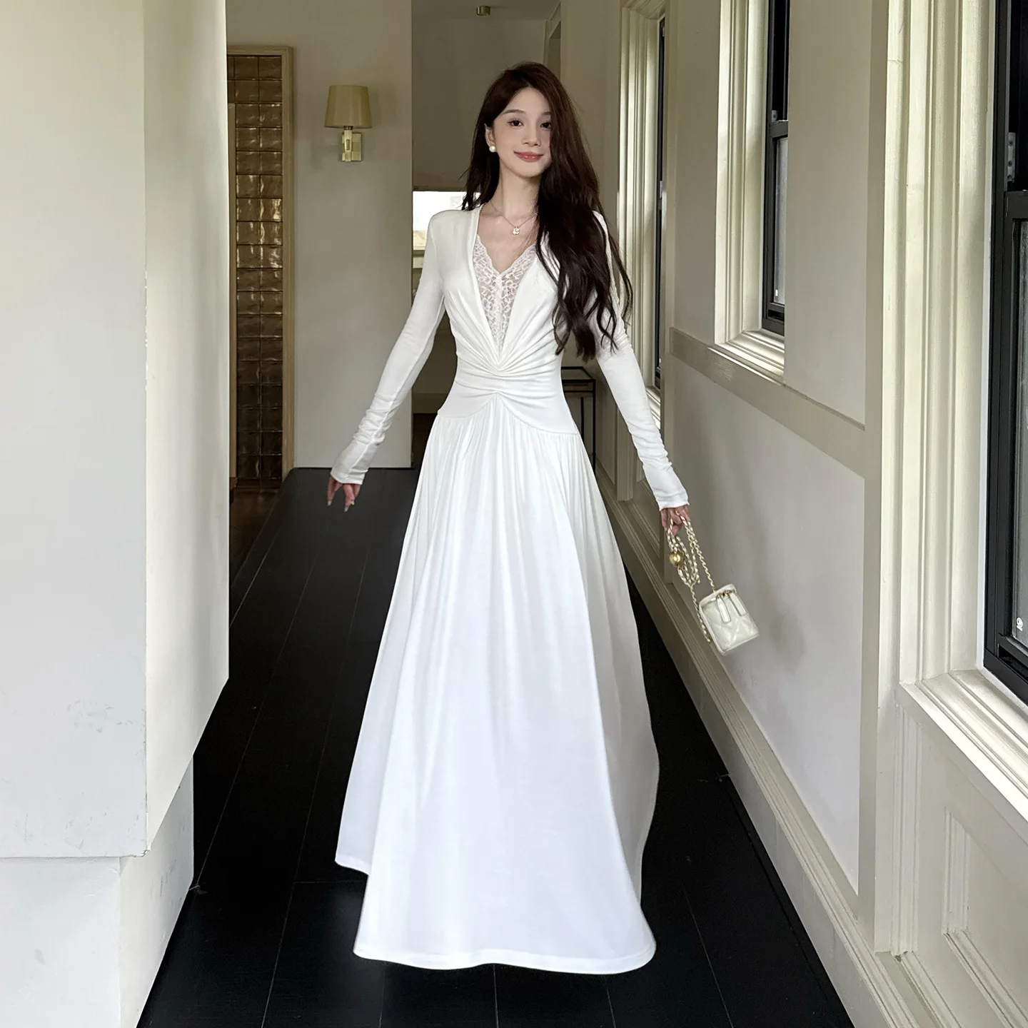 French Lace Panel Design Sheer White V-neck Dress Women's Elegant Slim-fit Ruched Long Dresses Autumn Party Evening Gown Robe