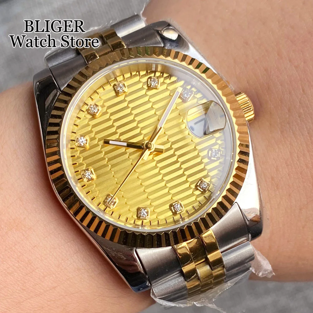 BLIGER 36mm 39mm NH35A Automatic Men Watch Two Tone Gold Diamond Marks Yellow Dial Steel Bracelet Baton Hands Sapphire Glass