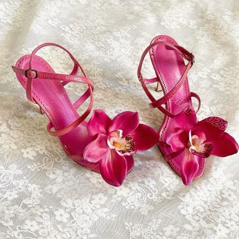 Flower Decor Stiletto Slippers Open Toe High Heels Summer British Style for Women Wedding Party Shoes 2024 Zapatos Para Mujere