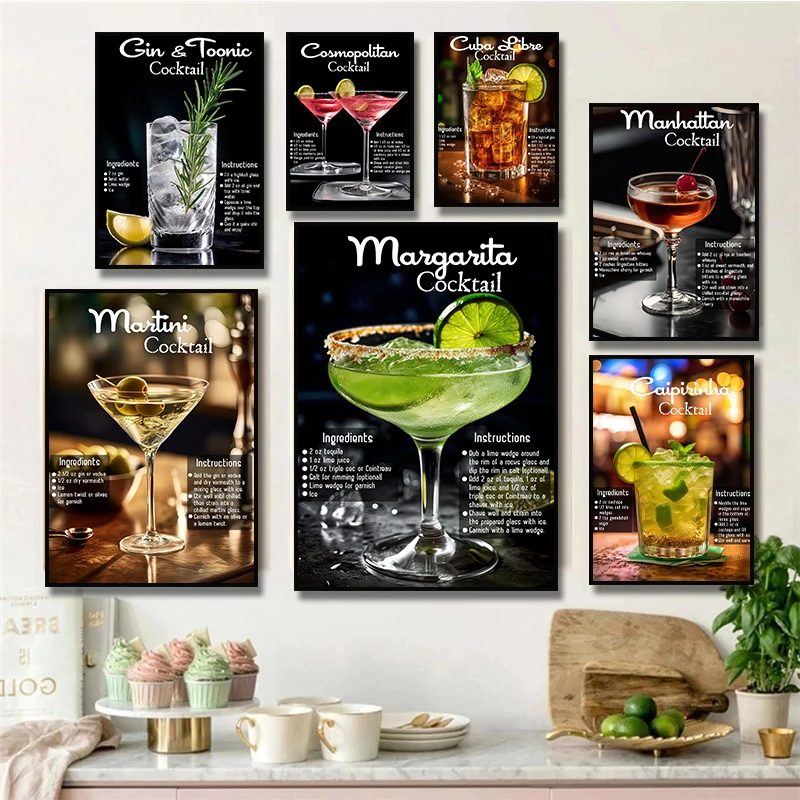 Cocktail Mojito Gin Martini Manhattan Bar Vintage Wall Art Canvas Painting Nordic Poster and Prints Picture for Kitchen Decor