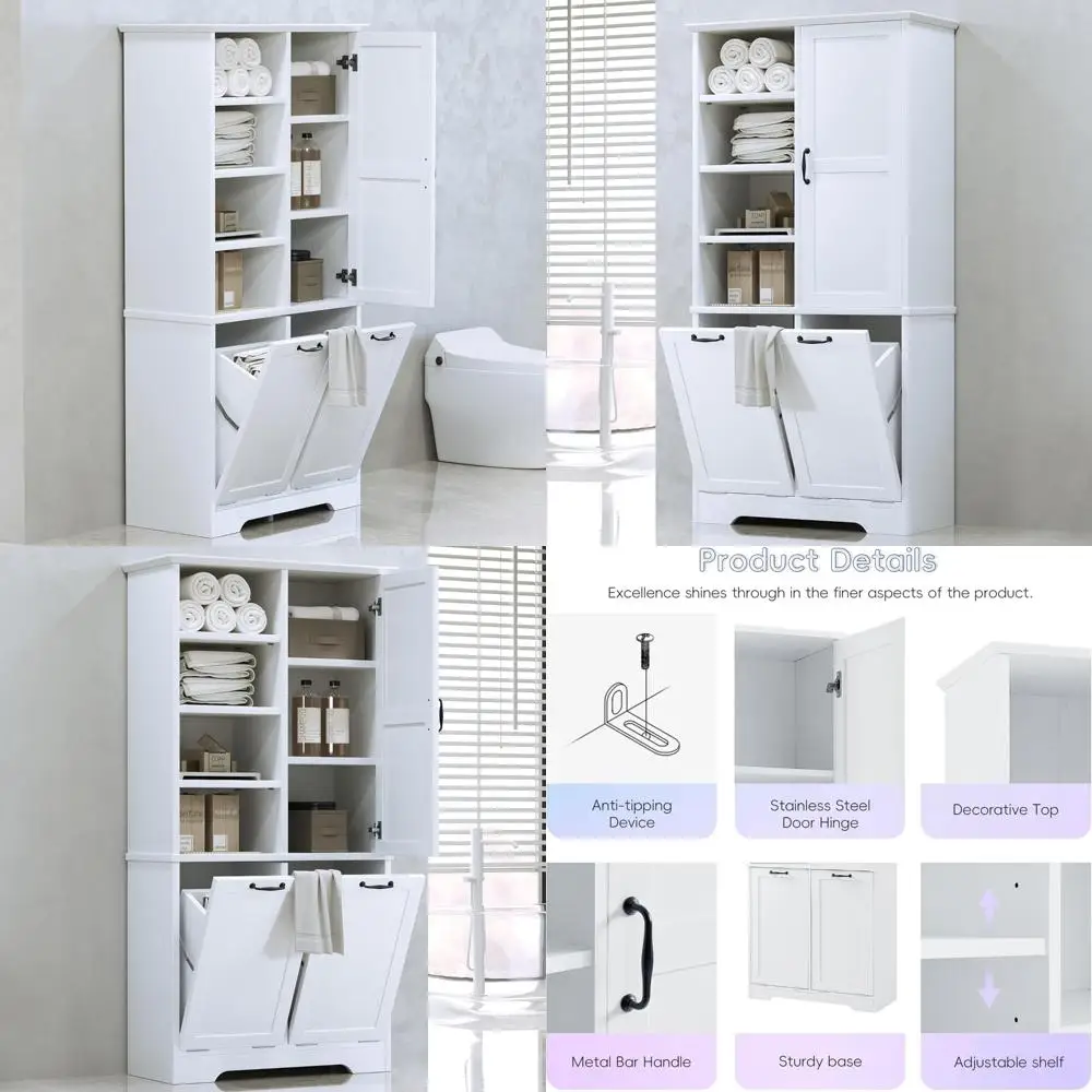 Merax Gabinete de almacenamiento alto: diseño de puerta y estante abierto, cesto para la ropa sucia versátil para el baño del hogar y lavadero en blanco