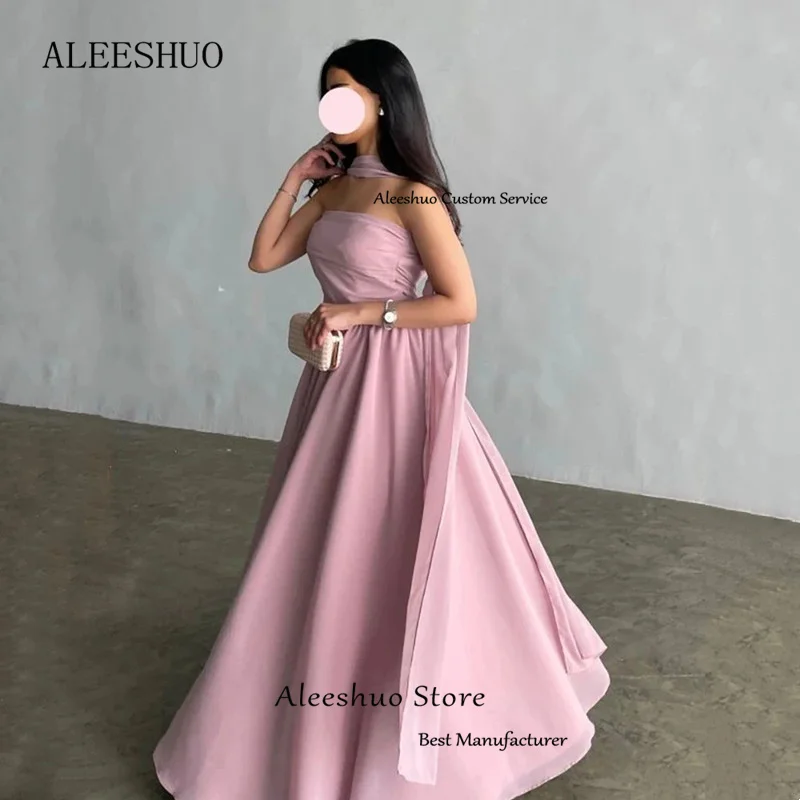 Aleeshuo-vestidos de graduación de línea a De satén rosa, elegantes vestidos sin tirantes escalonados, largos, ocasiones formales, sin espalda, hasta el suelo, vestido de fiesta de noche