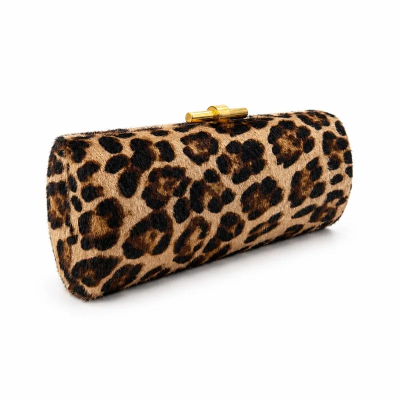 New Arrival Cylindrical Leopard‑print Furry Clutch Bag Stylish Shaped Purse Shoulder Crossbody Handbag Elegant Noble Accessory