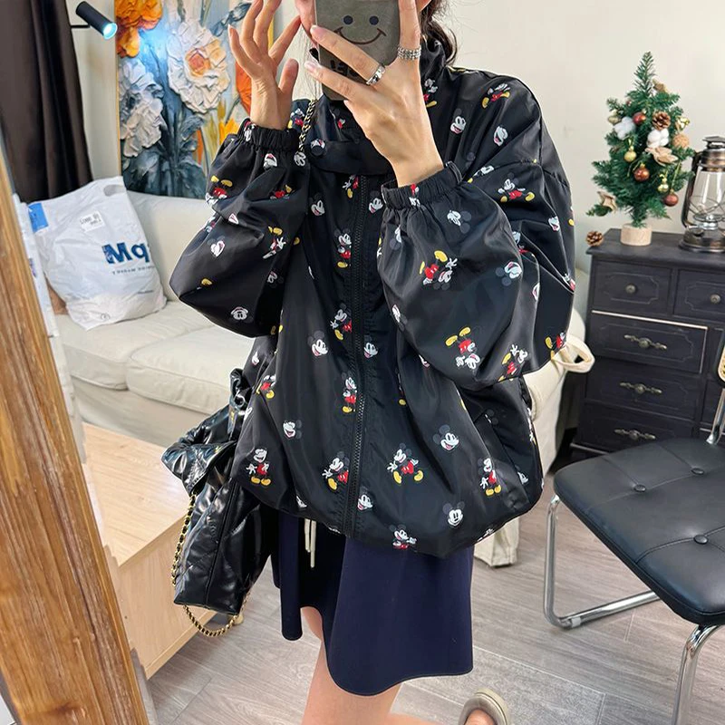 Disney1-Mickeys Mouse Stand-Up Collar Loose Handsome Thin Jacket Cartoon Graffiti Printing Jacket Baseball Clothing Sun Shirt