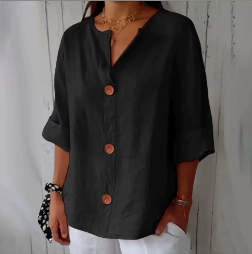 Plus Size Loose Shirt&Blouses Women's V-Neck Cotton Linen Button Top Casual Shirts Solid Elegant Office Womens Clothing Shirt view 3