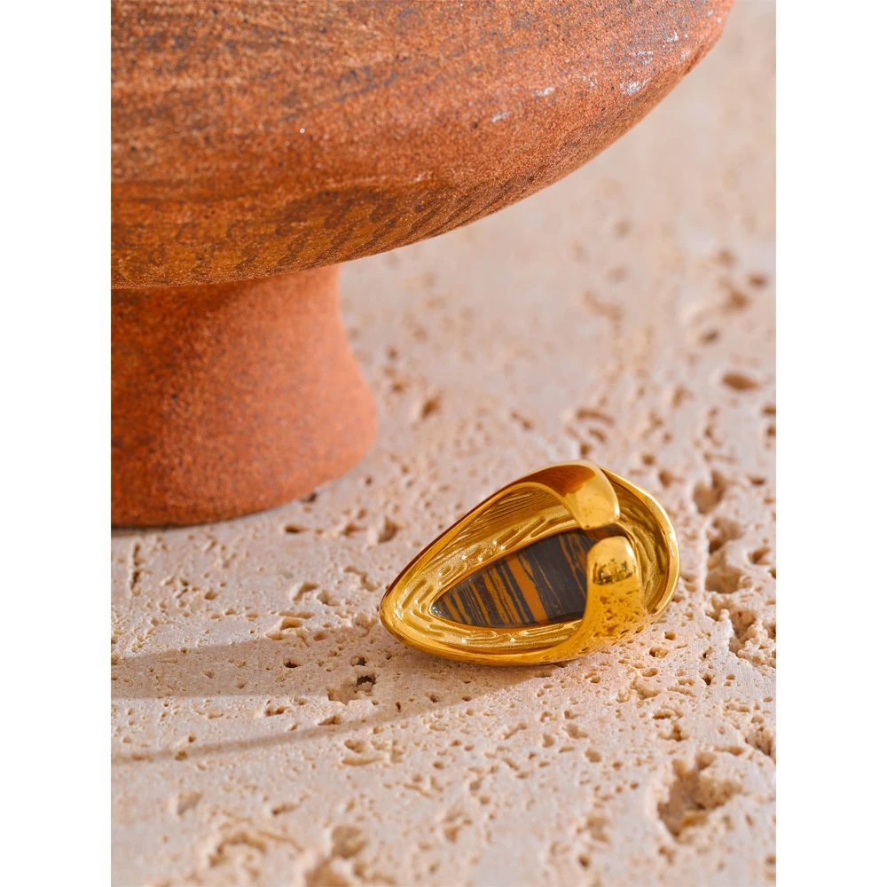 Yhpup Fashion Stainless Steel Natural Tiger Stone Golden Ring 18K Gold PVD Plated Statement Charm Finger Jewelry Accessories