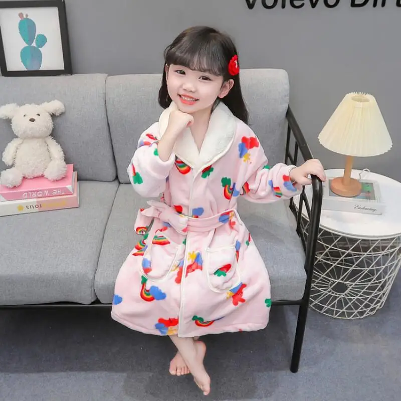 Hot Girl Robe Autumn and Winter Bathrobe Thicken Mid-Length Bath Towel Child Flannel Kawaii Fashion New Style Casual Homewear