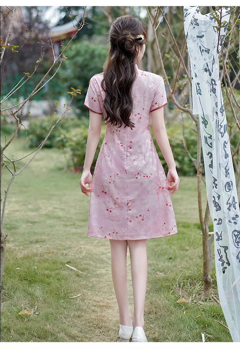 New Year Chinese Style Improved Pink Cheongsam Vintage High-fashion Short Sleeve A-Line Floral Qipao Women Short Dress S2692