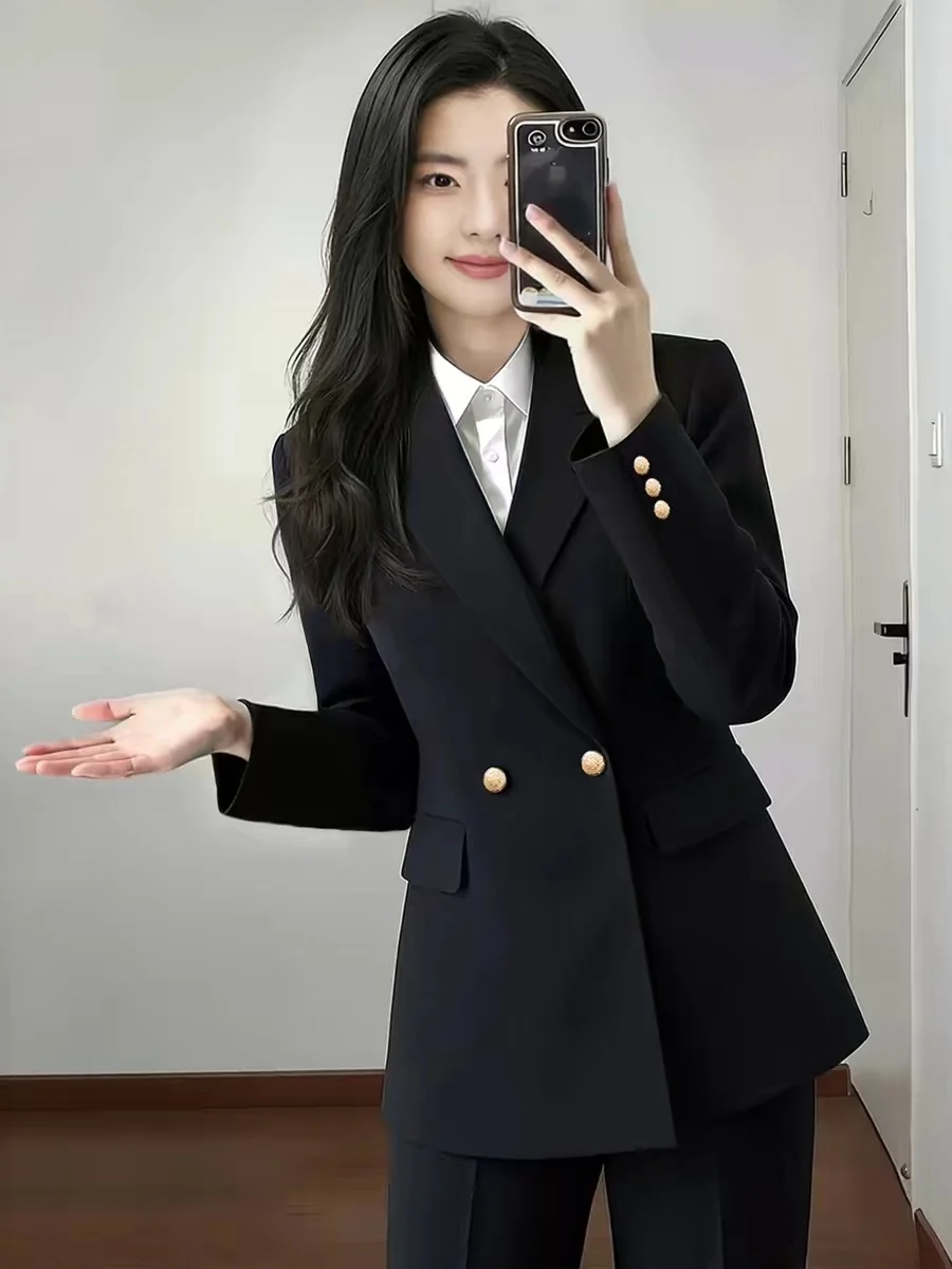 Black Business Suit Jacket Women's Double-Breasted Waist-Cinching Professional Commute Interview Formal Outerwear Coat