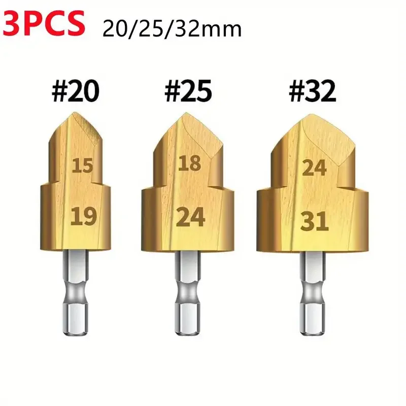 3pcs Heavy Duty Pipe Reamer Set - Titanium Plated, Hex Shank Drill Bits for Smooth & Fast Repairs, Ideal for PVC & Conduit Pipes