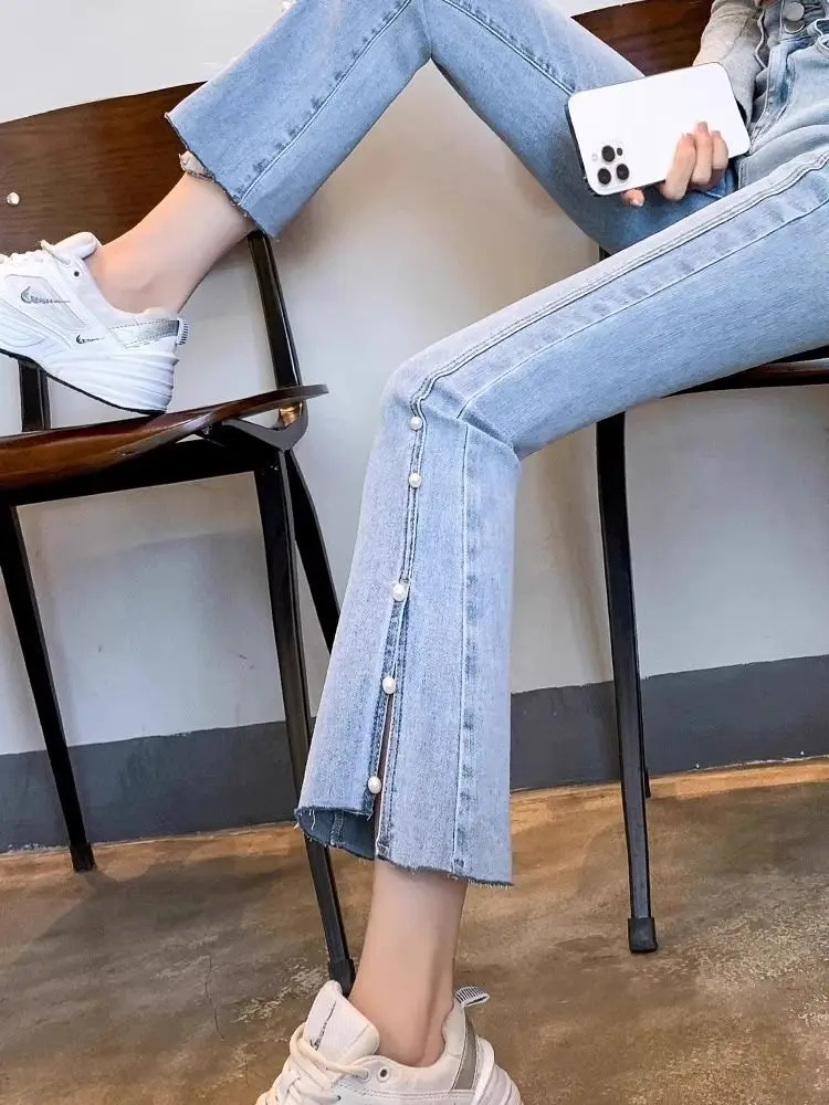 

Jeans for Maternity Spring Side Split Irregular Beading Denim Trousers Fashion Pregnant Woman Boot Cute Belly Pants TT1058