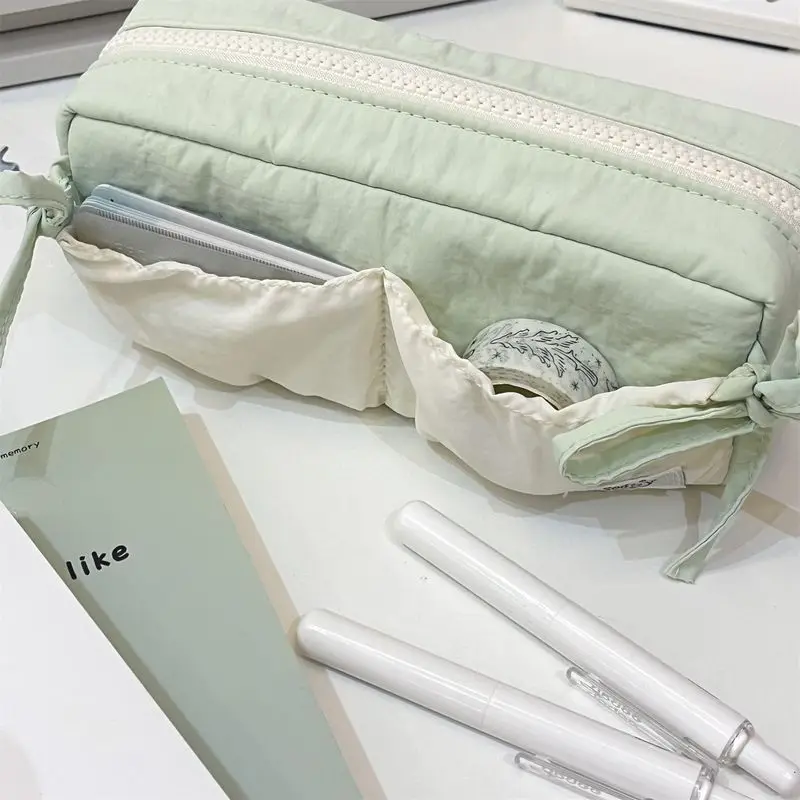 Cloud toast, ribbon bow pencil case, white green color blocking, high-value student pencil case