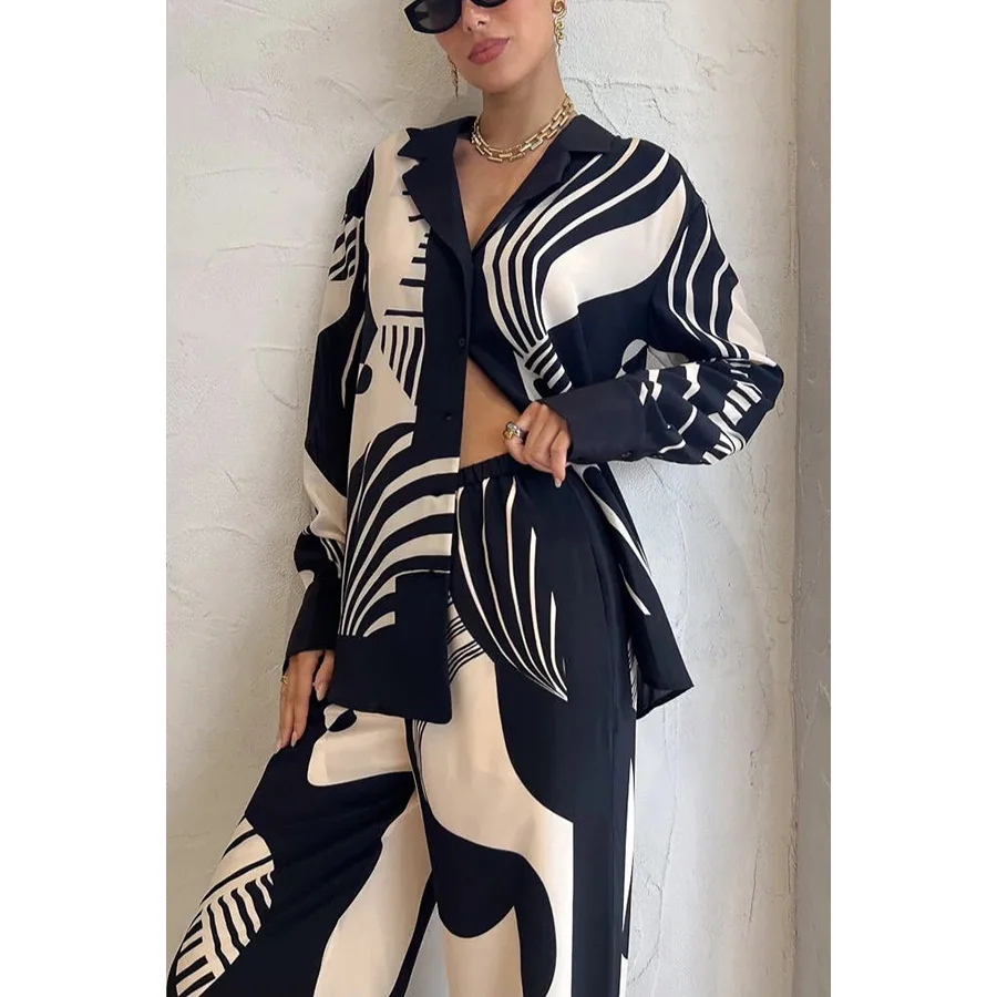 Casual Print Shirt Women 2 Piece Set Elegant Loose Long Sleeve Shirts Wide Leg Pants Female Suit 2024 Summer Fashion Lady Outfit