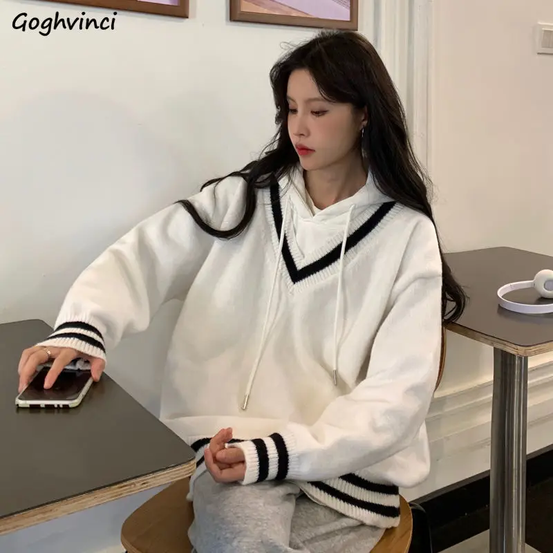 

Preppy Style Pullovers Women V-neck Loose All-match Casual Spring Autumn Sweaters Trendy Knitted Ulzzang Newest Students Femme