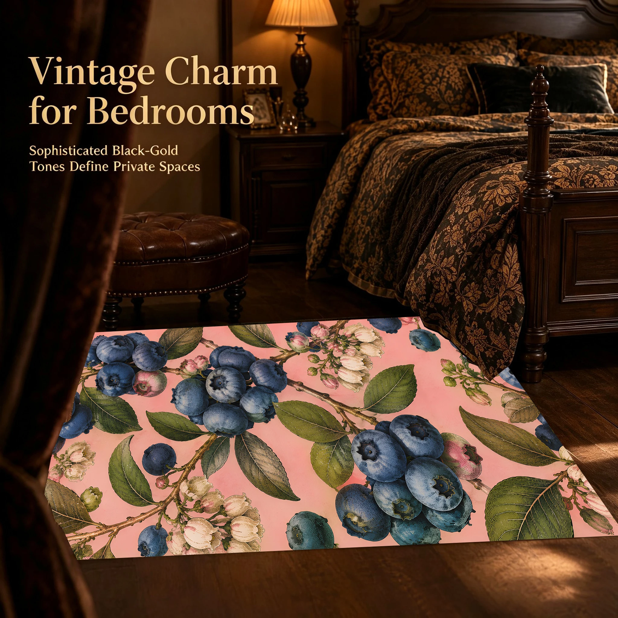 Velvet Rug Blueberry Branch Print Retro Pastoral Style for Bedroom Bedside Living Room Home Decor