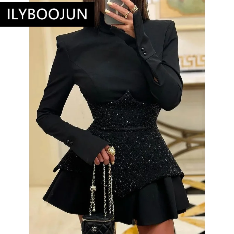 Evening Party Dresses For Women 2024 Sexy Ins Long Sleeve Black Pleated Dress High Street Glitter Celebrity Office Lady