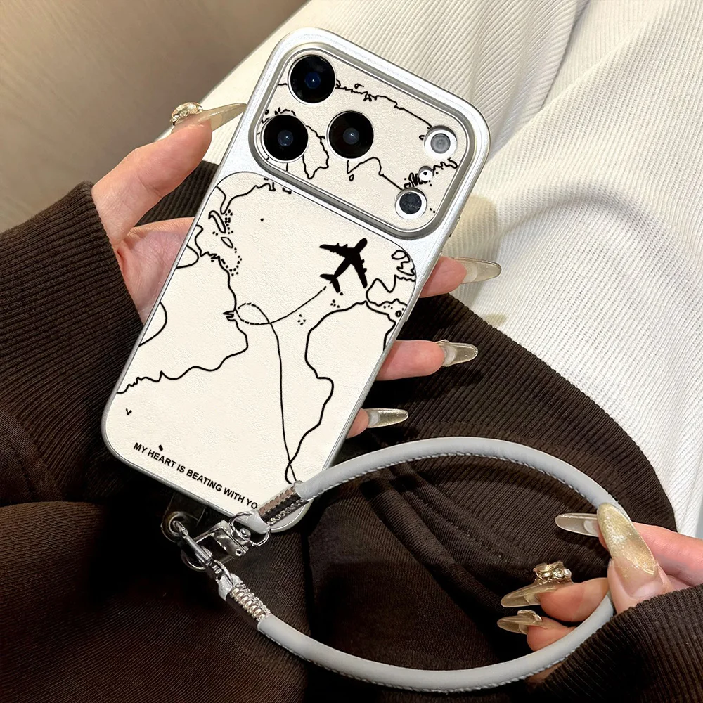 Travel-Inspired Airplane Route Phone Case For iPhone 17 Pro 16 13 14 15 Pro Max 12 11 Leather Soft Silicone Cover With Lanyard view 2