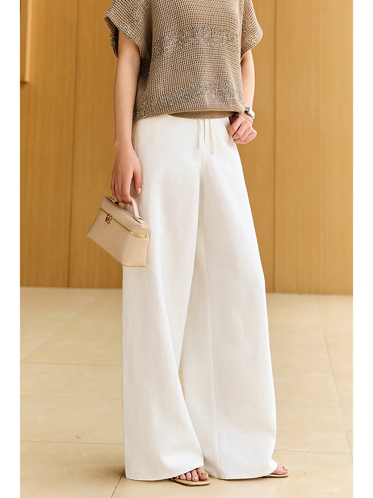 

Дышащие льняные брюки с широкими штанинами, прямого кроя, на шнурке, с высокой талией, повседневные, для женщин, лето-весна, модные