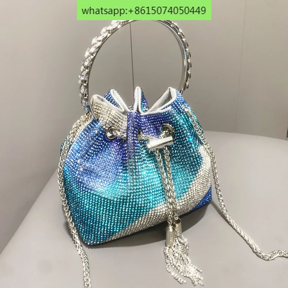 European and American ladies handbag shiny crystal handbag hand-studded metal ring bucket bag