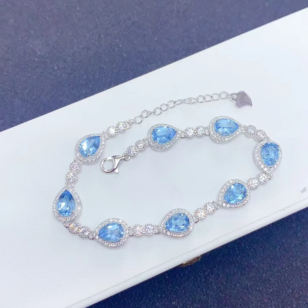 

Pure Blue Topaz Bracelet for Women 5mm*7mm Total 4.4ct Natural Topaz 925 Silver Bracelet with Thick Gold Plating Keep Shining