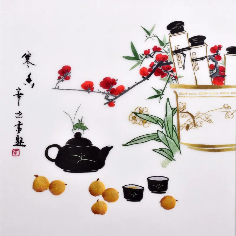 Suzhou Silk Embroidery Kit for Beginners, Tea Ceremony Themed DIY Handicraft Set with Pre-Printed Fabric and Silk Threads