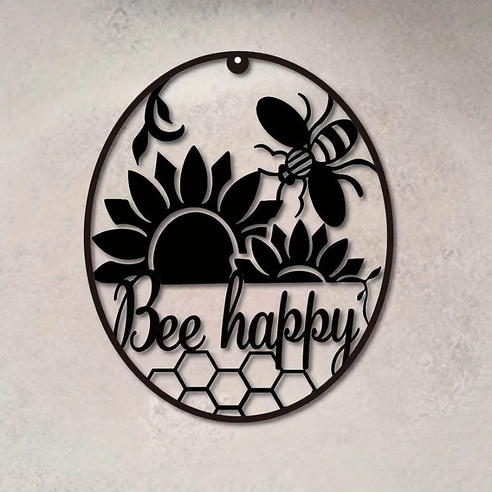 Metal Bee Happy Wall Art Honeycomb Decorative Wall Hanging Silhouette Sculpture Decor Iron Sign Suitable for Family Decor Gift