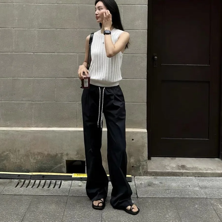 محايد الرياح رقيقة اللون الرباط شعور الهواء فضفاض عارضة السراويل النسائية السراويل المستقيمة الساق #4