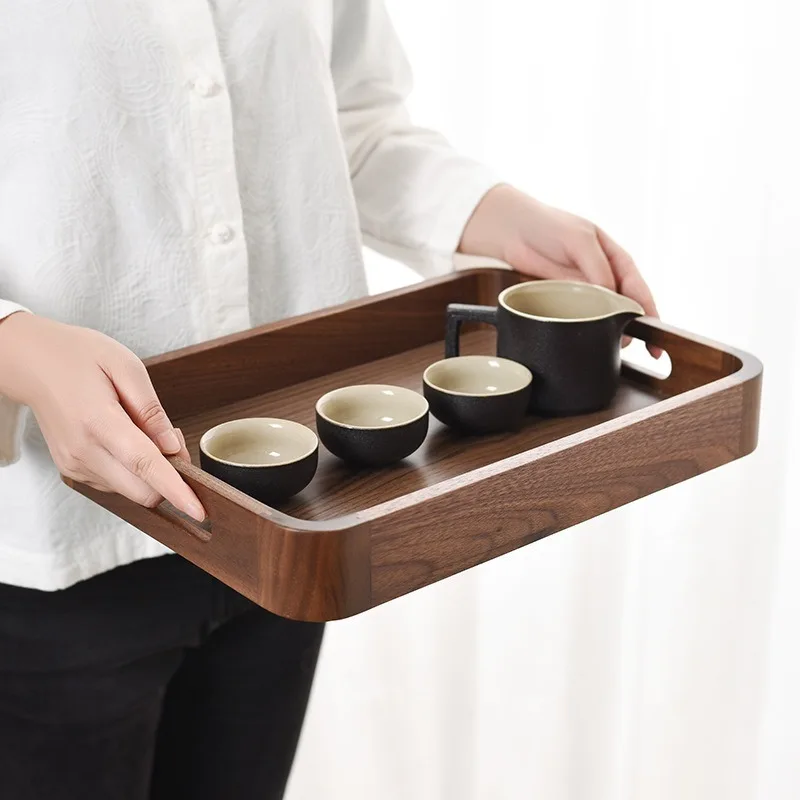 North American Black Walnut Solid Wood Rectangular Tray, Light Luxury Serving Tray for Tea, Dim Sum, Coffee, Home and Hotel