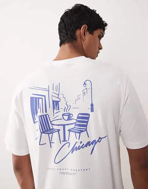 Oversized T-shirt with Chicago Back Print in White High-end Luxury Unisex Style Both of Men and Women