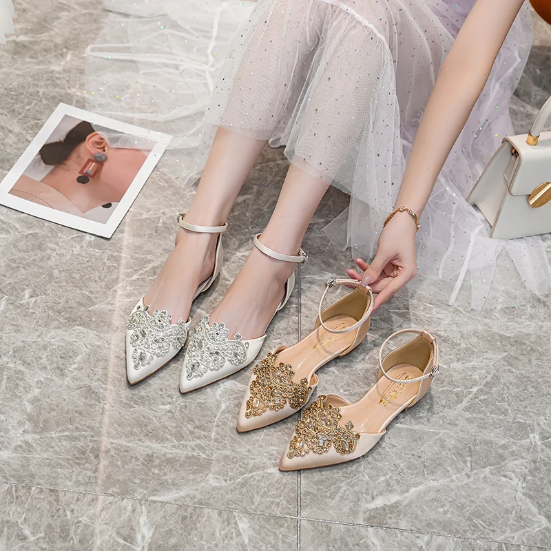 BaoYaFang White women Bridal wedding shoes Flat big size female Satin Crystal Buckle woman shoes Bridal party shoes Fashion