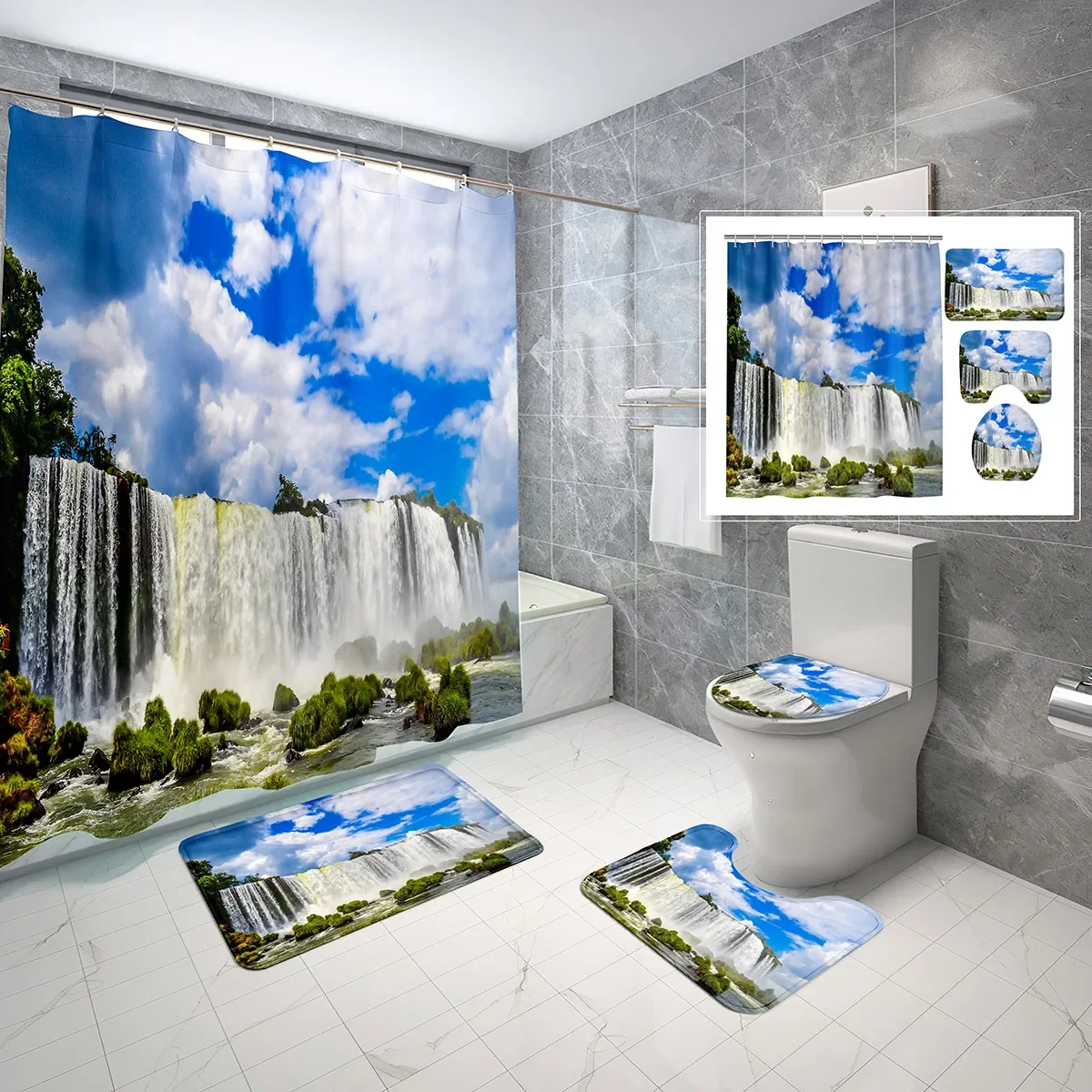 Forest Waterfall Shower Curtain Set Nature Mountain Travel 4 Pcs Shower Curtain Bathroom Non-Slip Bath Mat Toilet Cover