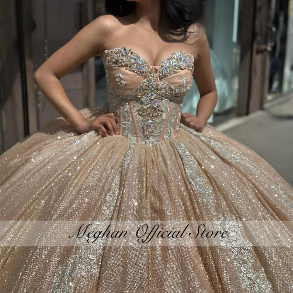 Champagne Sweetheart Quinceanera Jurk 2024 Kralen Kristallen Galajurk Baljurk Sprankelende Luxe Sweet 16 Robe De Bal