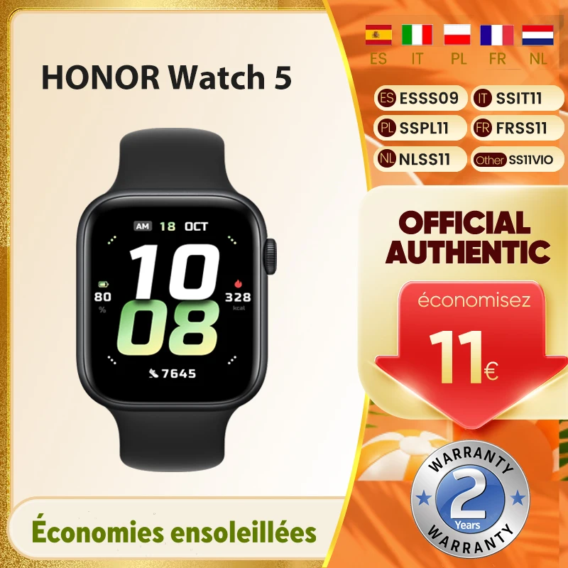 Montre Honor 5, analyse de la santé, suivi GPS précis, autonomie de 15 jours, écran AMOLED plus grand de 1,85 pouces, 60 Hz, 5 ATM, IP68, BT5.2