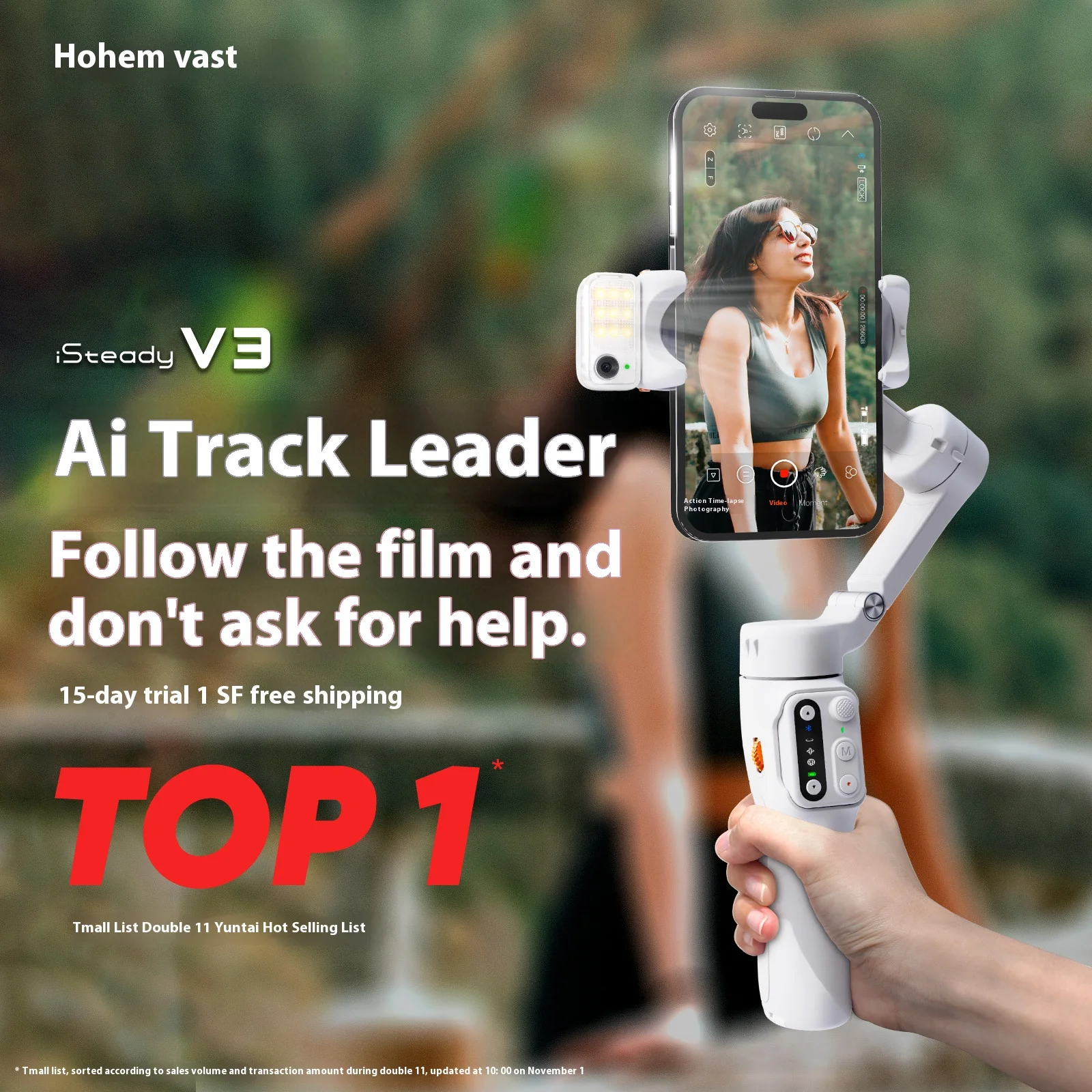 hohem iSteady V3 Smartphone Stabilizer Ai Face Tracking 3-Axis Phone Gimbal Built-in Selfie Stick Portable iPhone15/Samsung