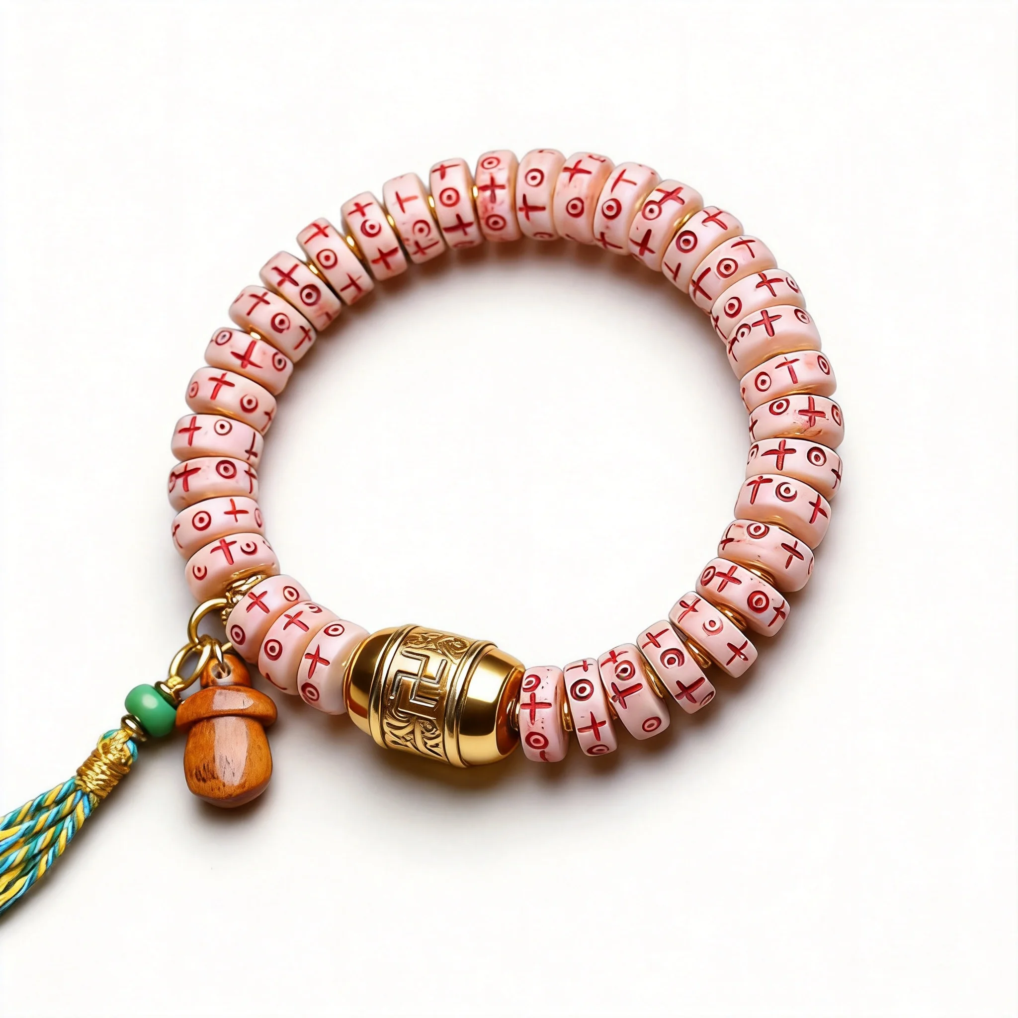 Tibetan Style Yak Bone Carved Mantra Dot Single Strand Bracelet Old Copper Inlaid Swastika Barrel Bead Lucky Blessing Prayer Mal