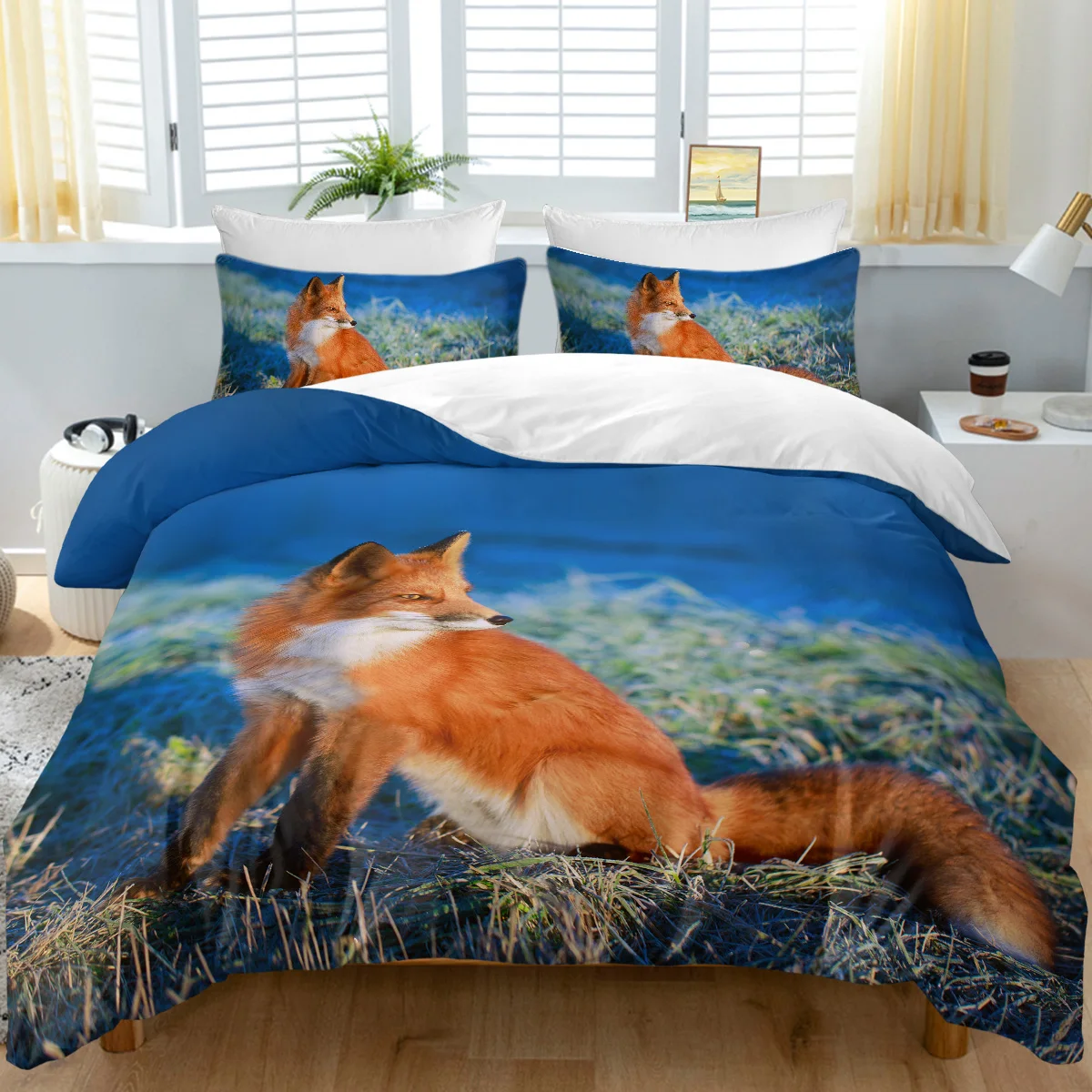 3pc Orange Fox Looking Back Design Bedding Set Quilt Cover with Zipper Closure 1 Duvet Cover and 2 Pillow Cases