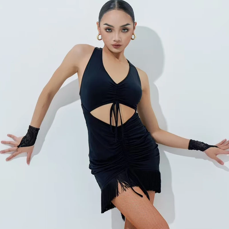 2025 high-end vestido de dança latina para mulheres sexy oco borla prática vestido adulto chacha rumba vestido de competição latina dqs18888
