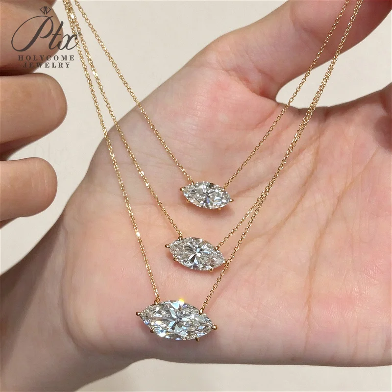 Diamant-Halsketten 1CT Marquise-Schliff S925 Silber 14K Gold East West Einzelstein-Anhänger für Damen Hochzeit Feiner Holycome Schmuck – Detail 4