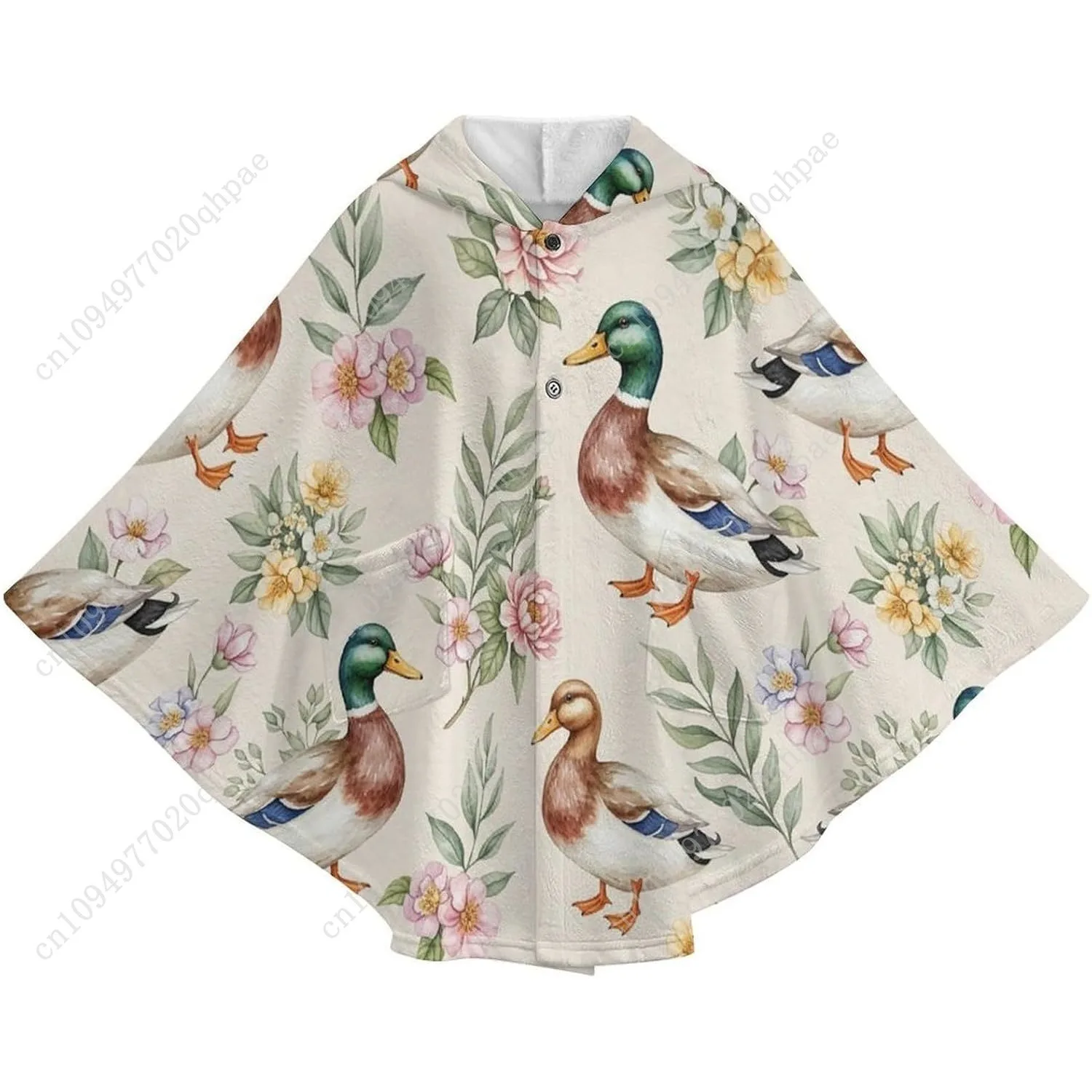 Przytulny sweter-koc z flaneli, bluza z kapturem oversize z kaczkami, kwiatami i liśćmi, z kieszeniami dla dzieci i nastolatków.