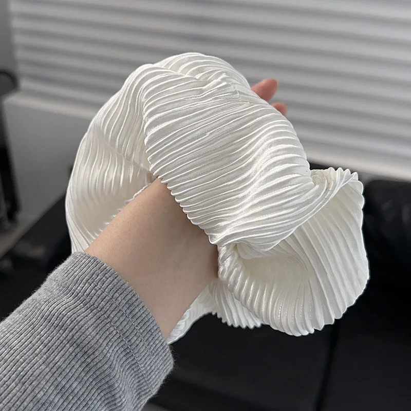 Women Pleated Large Intestine Headband Silky Headband Solid Color Retro Gentle Hair Accessory Smooth Cream Gloss Large Intestine