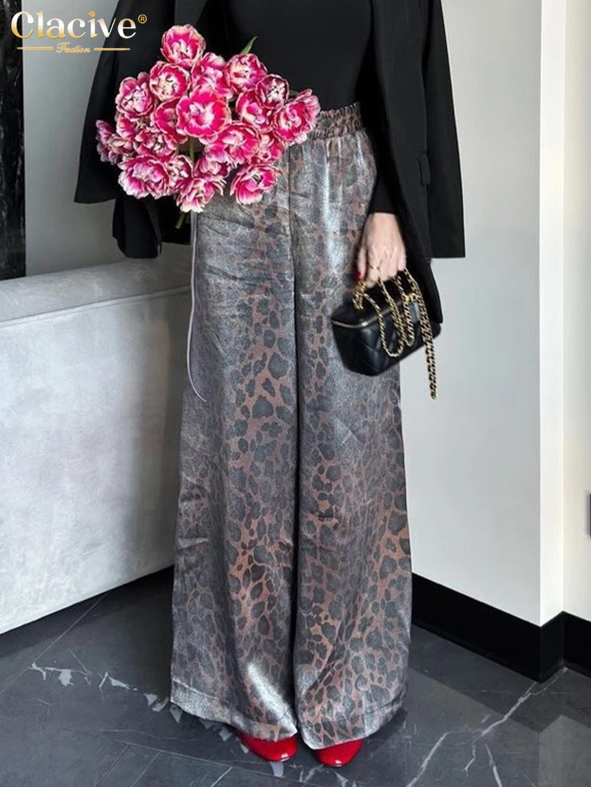 Clacive Fashion Loose Leopard Print Women\'s Pants 2024 Vintage High Waist Wide Pants Elegant Classic Full Length Trousers Female