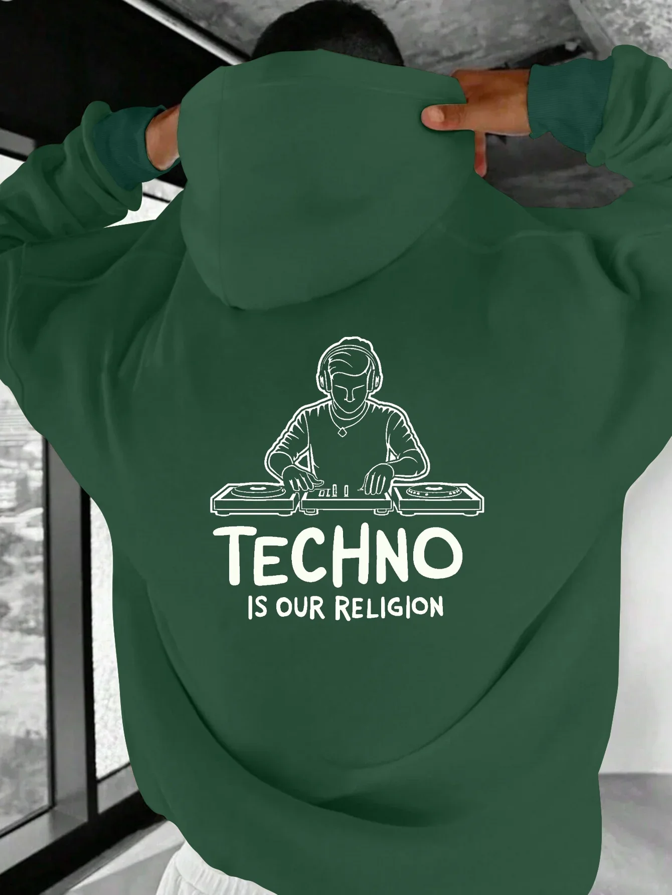 Men Techno DJ Graphic Hoodie DJ Turntable Line‑Art Techno Is Our Religion Slogan Back Print Pullover Loose Unisex Fleece Hoodie