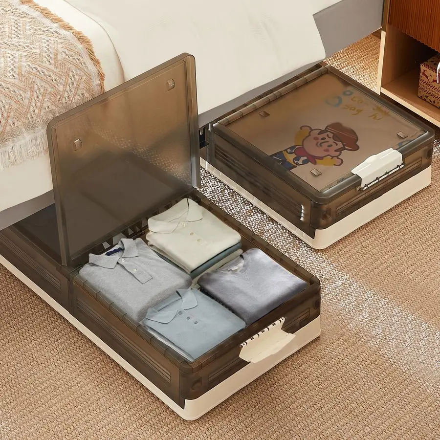 Under Bed Storage with Wheels, 2 Pack Stackable Under Bed Storage Containers, Underbed Storage Containers with Lids, Plastic Fol