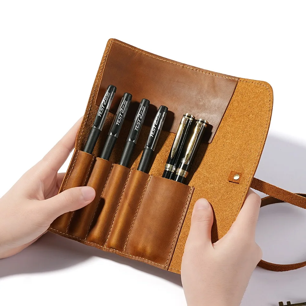 Retro Genuine Leather Creative Roll Pencil Case Pen Holder Multi-Purpose Storage Wrap Pouch for School Office Travel Stationery