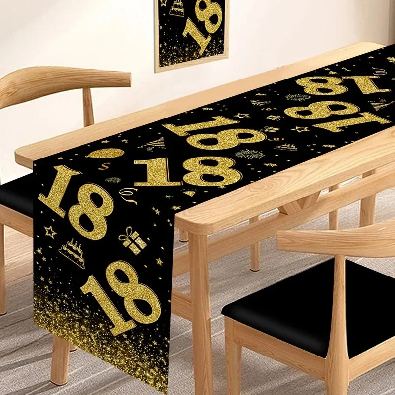 Schwarzgold Glitzer 18. Geburtstag Tischläufer Party-Dekoration für Erwachsenen-Geburtstagsfeier Küche Esszimmer Dekoration