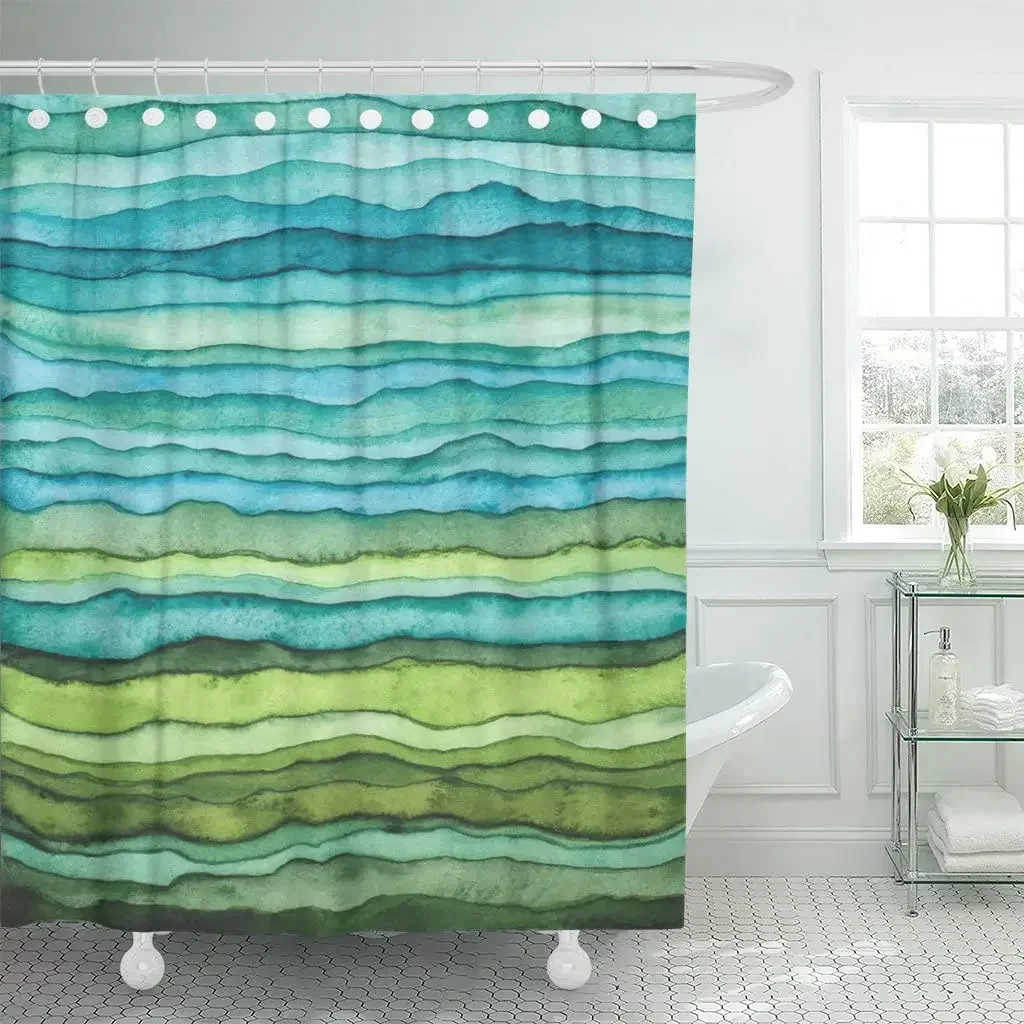 Creativity Art Shower Curtains Abstract Bright Blue and Green Waves Stripped Watercolor Decor Polyester Fabric Bathroom Curtain