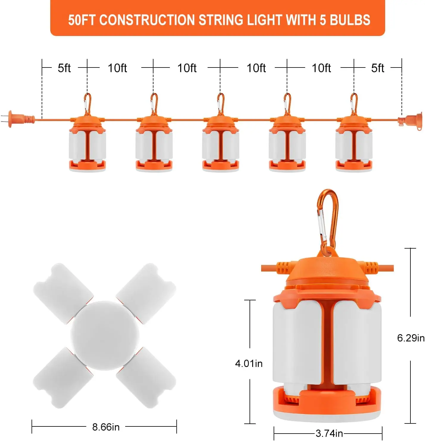 50ft Construction String Lights, 150W LED Industrial Grade 15000LM Super Bright Work String Lights for Construction Sites, Tempo