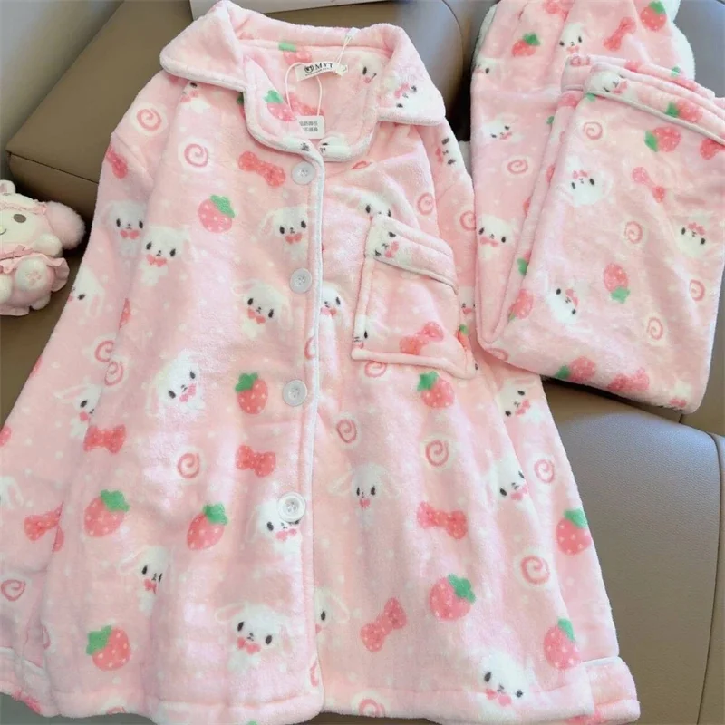Bunny Strawberry Pink Pajama Set Girls Y2K Cartoon Sleepwear Thick Fleece Warm Homewear Suit Cute Sweet Winter Pajamas Suit New