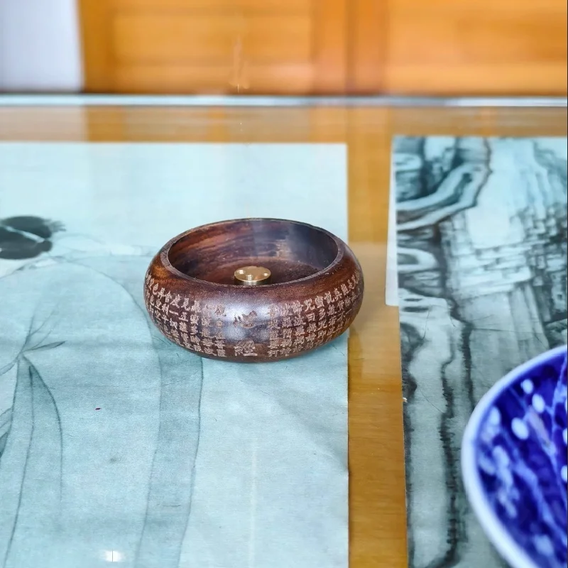 Home Purification Mini Solid Wood Round 4-Hole Incense Holder with Heart Sutra Engraving Portable for Zazen Practitioners